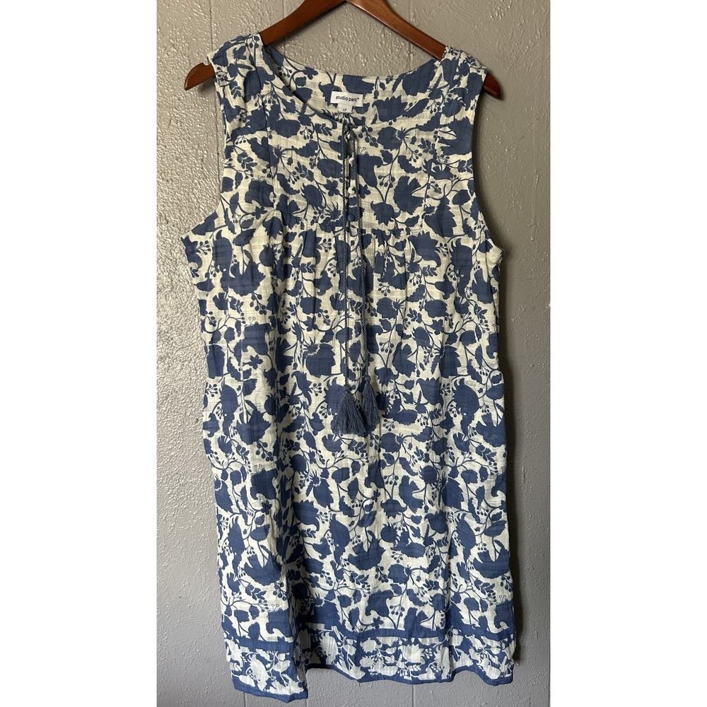 Studio Park x Amy Stran Floral Dress Size L White Blue Pockets Tassel Boho